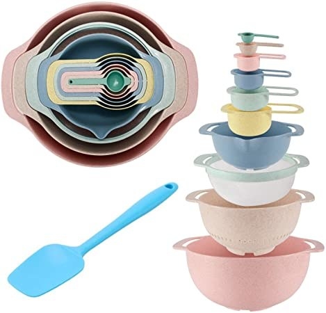 The bowls, which fit inside each other, and the spatula, which is blue