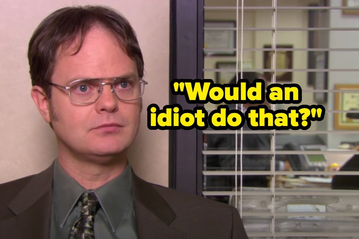 Dwight with the words &quot;Would an idiot do that?&quot; 
