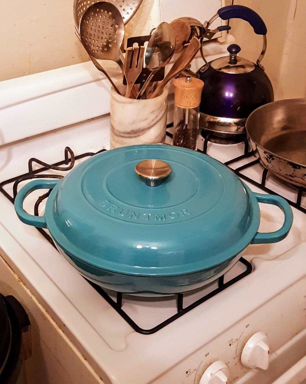 A reviewer photo of the cast iron pan in blue