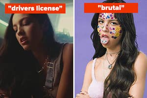 Olivia Rodrigo is on the left playing a piano labeled, 'drivers license" and on the right labeled, "brutal"
