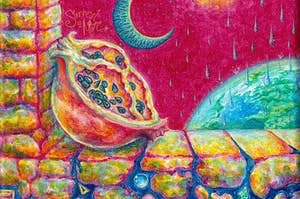 Surreal colorful art, Acrylic painting, neon colors, pomegranate on rock wall, space supernova background, earth, crescent moon