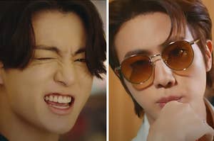 A BTS member is on the left winking with another on the right wearing sunglasses