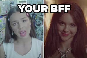 Olivia Rodrigo is posed on the left and right labeled, "YOUR BFF"