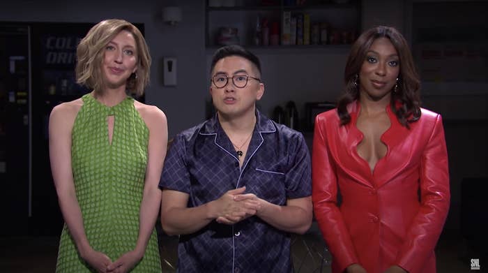 Heidi Gardner, Bowen Yang, and Ego Nwodim on the SNL stage