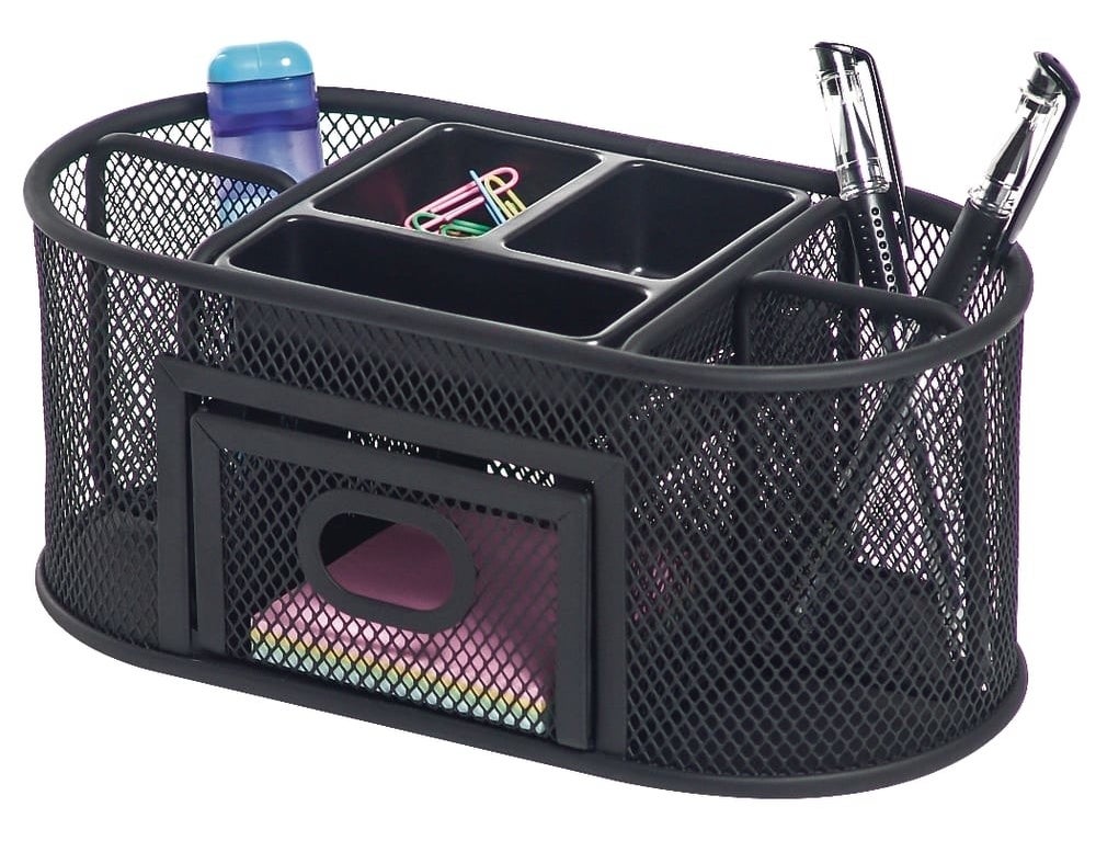 The organizer with compartments for pens, pencils, notepads, paper clips, and more