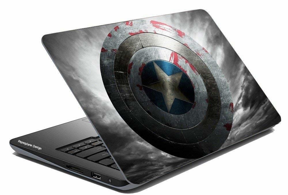 A laptop with a Captain America shield skin on it
