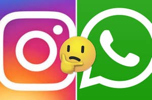 An Instagram logo is shown with a WhatsApp logo and a think emoji in the center