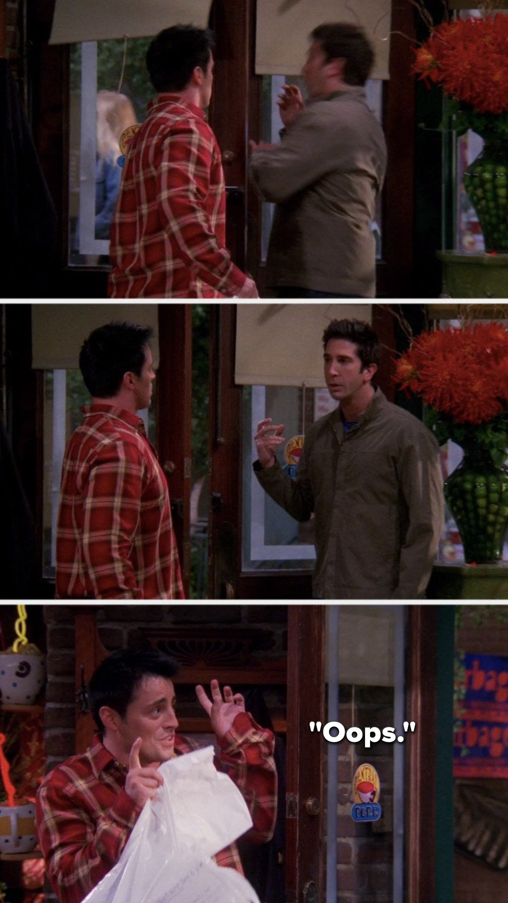 Joey opens the door on Ross&#x27;s hand, Ross looks at him angrily, and Joey does air quotes and says, &quot;Oops&quot;