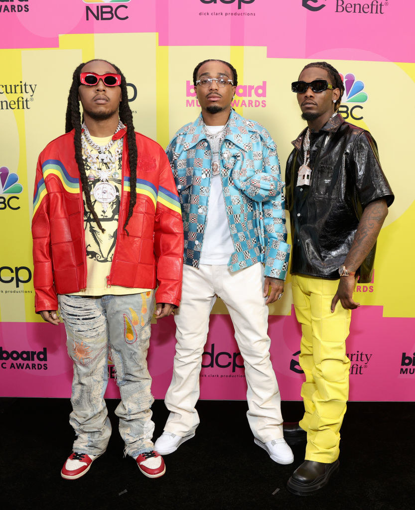 (L-R) Takeoff, Quavo, and Offset of Migos pose backstage for the 2021 Billboard Music Awards