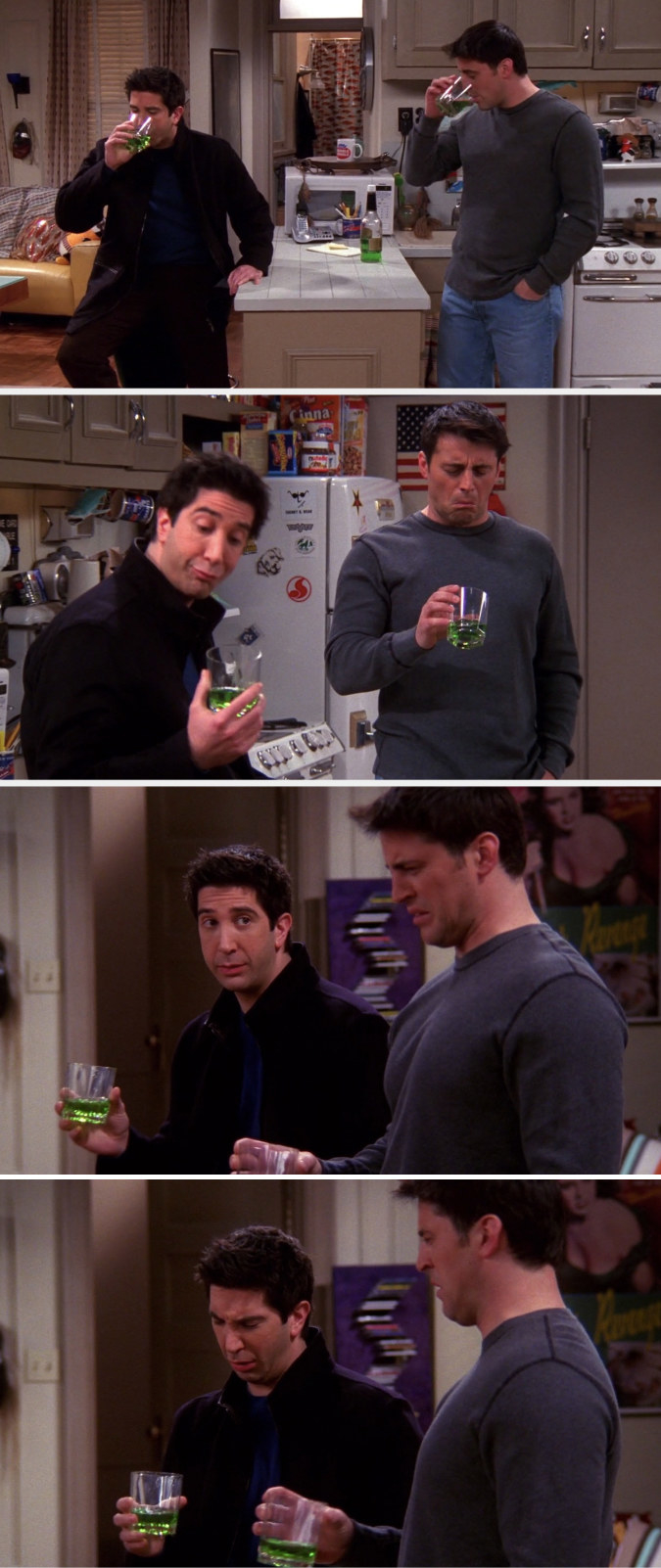 Ross and Joey takes sips of a drink, Ross likes it and Joey hates it, but Ross sees that Joey hates it and Ross fakes a grossed out face, too