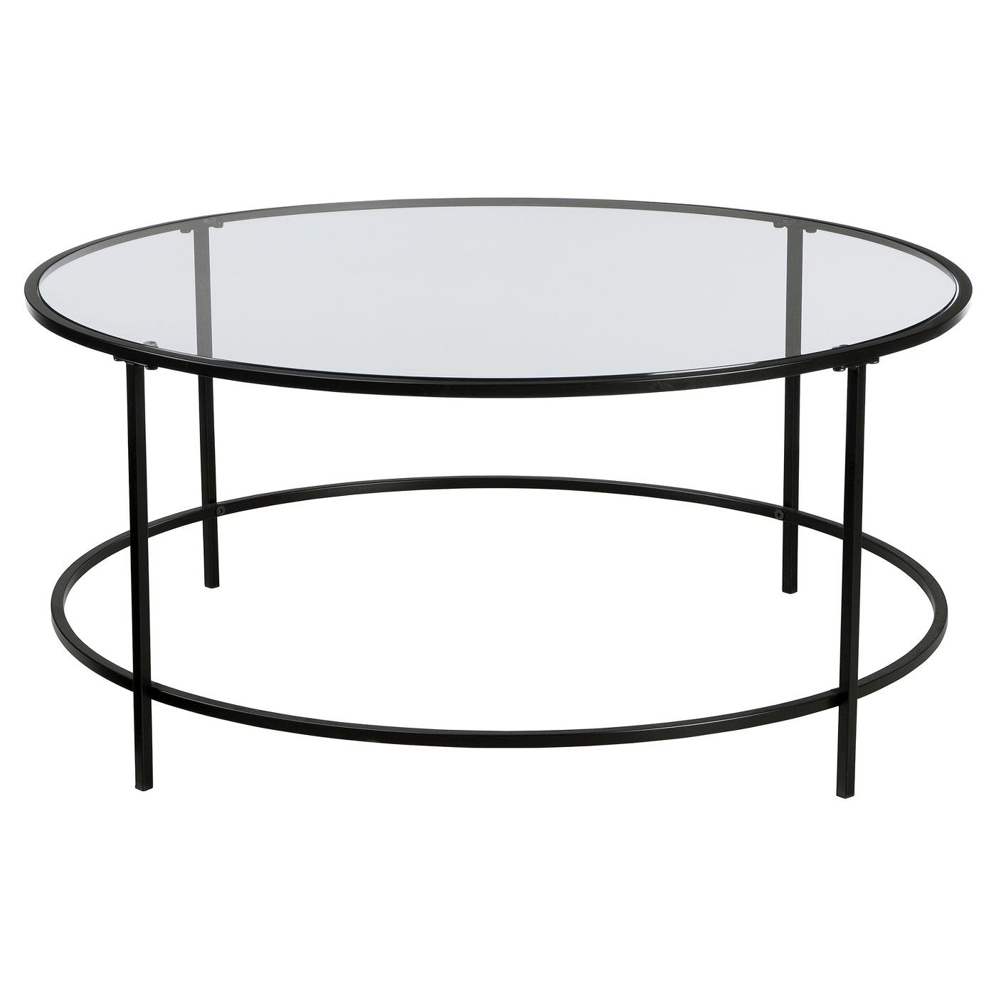 Circular table with glass top and black metal frame