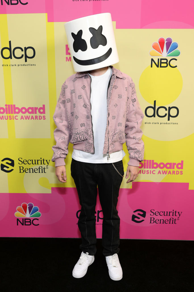 Marshmello poses backstage for the 2021 Billboard Music Awards