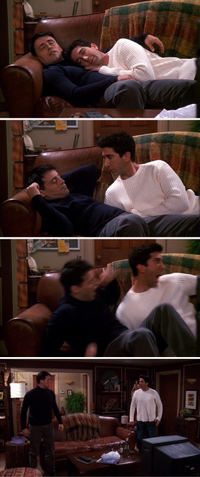 Joey and Ross look very comfortable napping together and cuddling, then they realize they&#x27;re napping together and cuddling, and they scream and jump up 