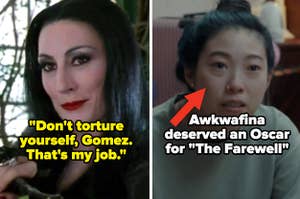 Anjelica Huston as Morticia Addams in "The Addams Family" and Awkwafina as Billi Wang in "The Farewell"