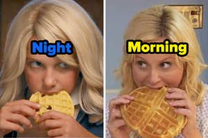 Eleven, labeled "Night," and Leslie Knope, labeled "Morning," eating waffles