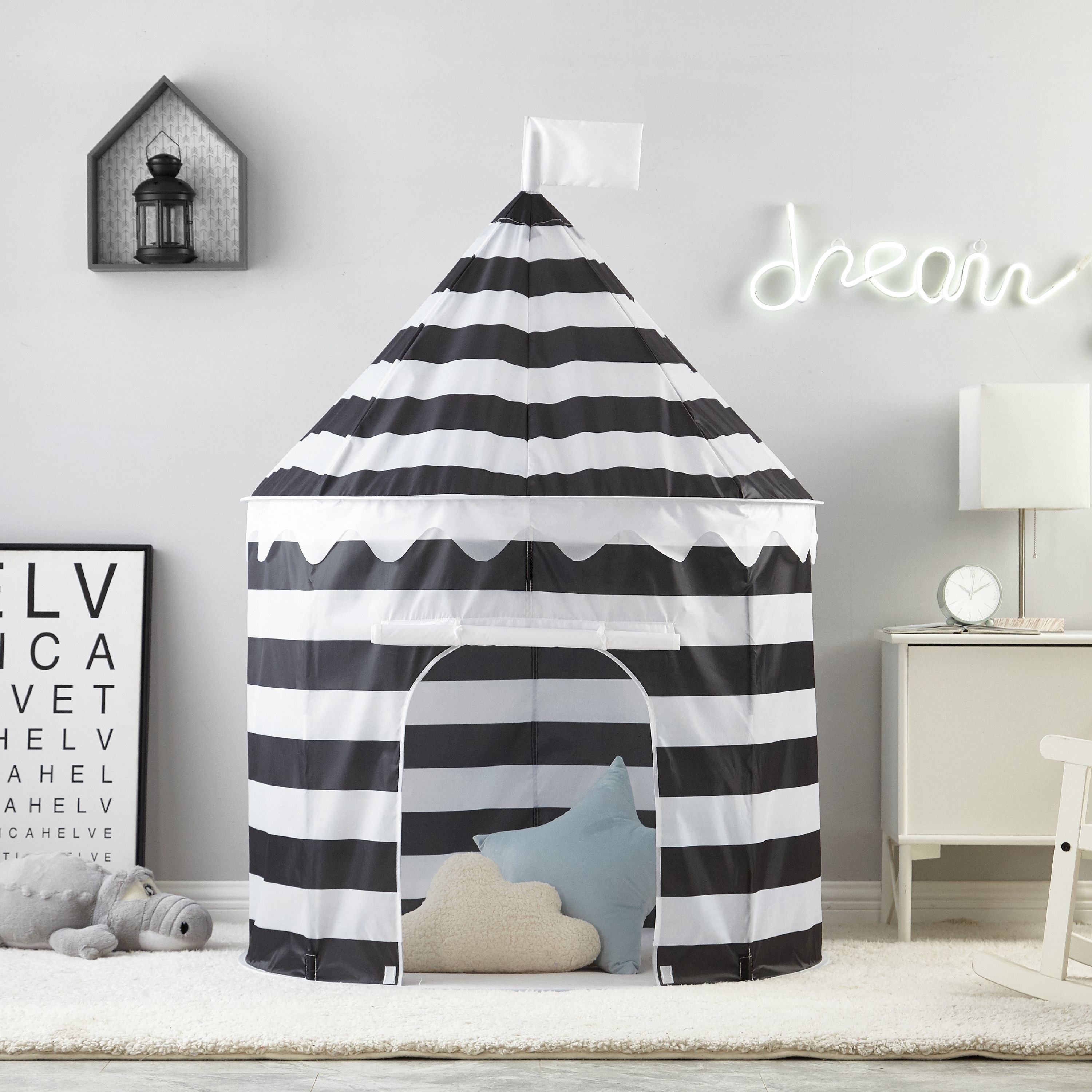 black and white striped tent 