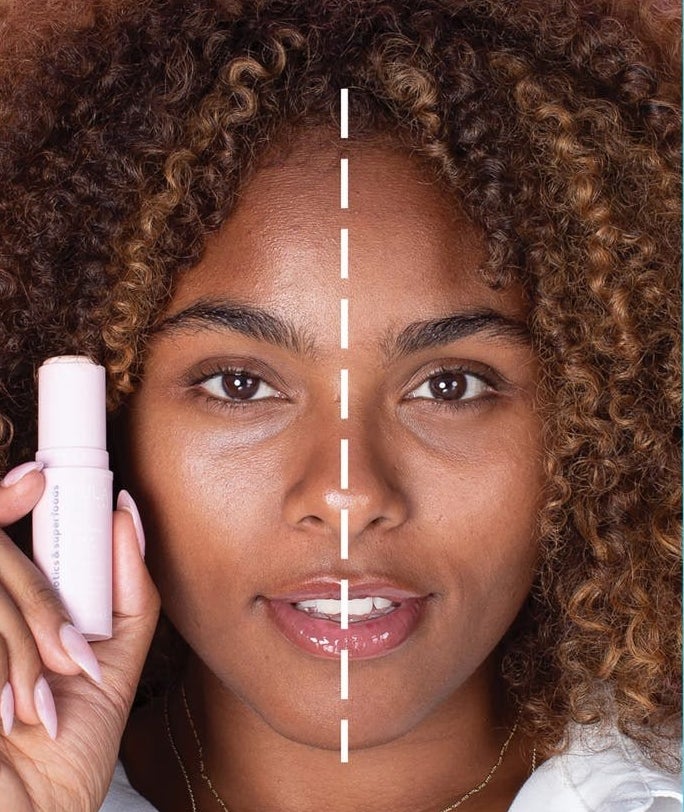 A model before and after applying the product, with under-eye perkier after