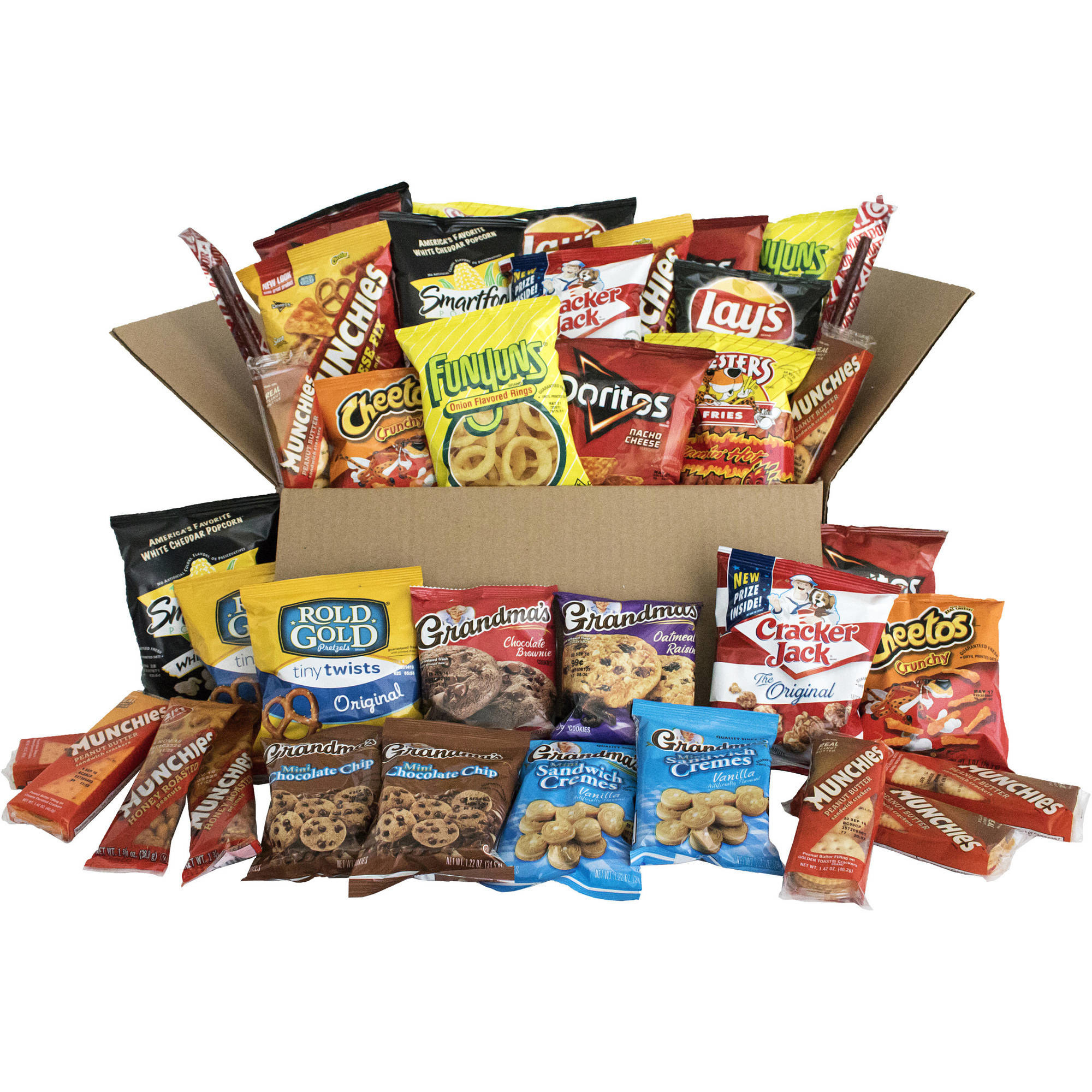Box of snacks on white background