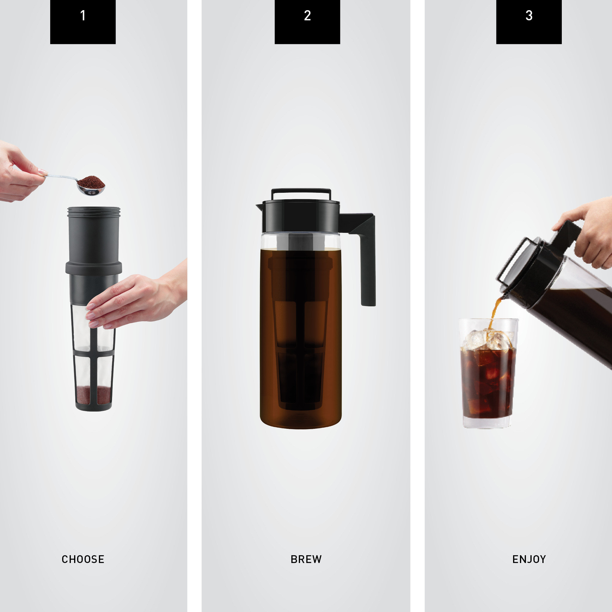 Three different depictions of the parts of the coffee maker