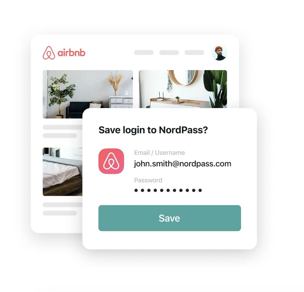 A screenshot of an Airbnb login with the option to save the password to NordPass
