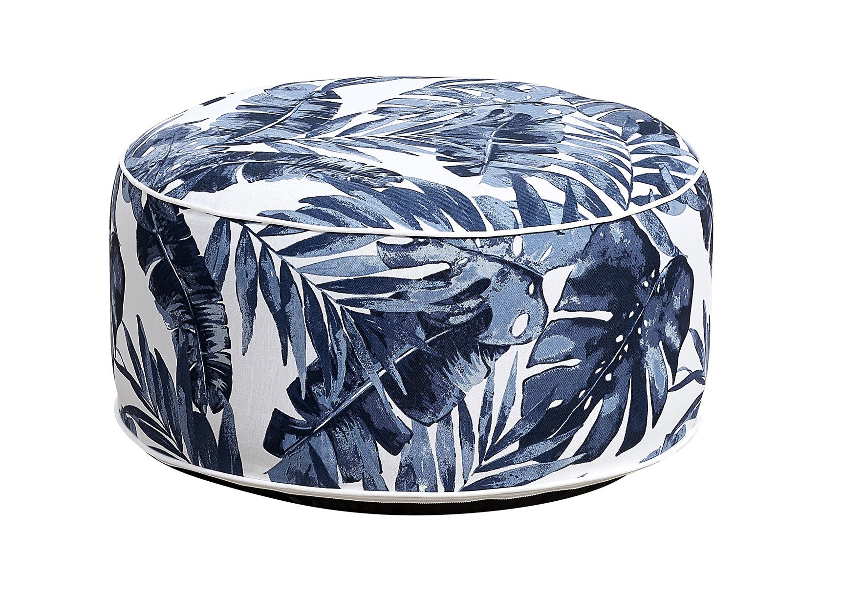 a round inflatable ottoman with a white cover printed with blue palms 