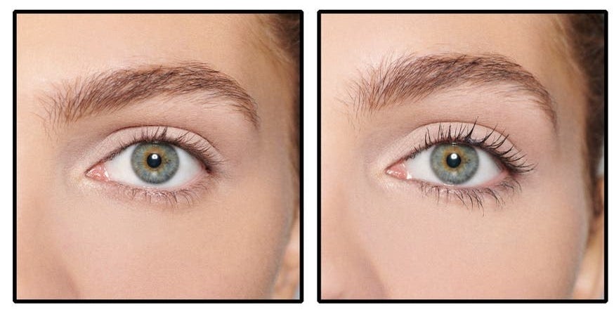 A model before and after applying the product to their lashes, which now look long and lush