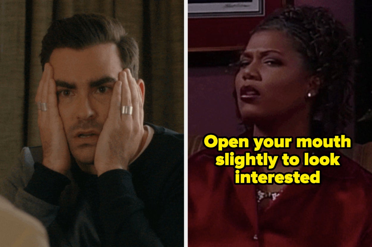 Daniel Levy with his hands on the sides of his face, Queen Latifah listening to her friend