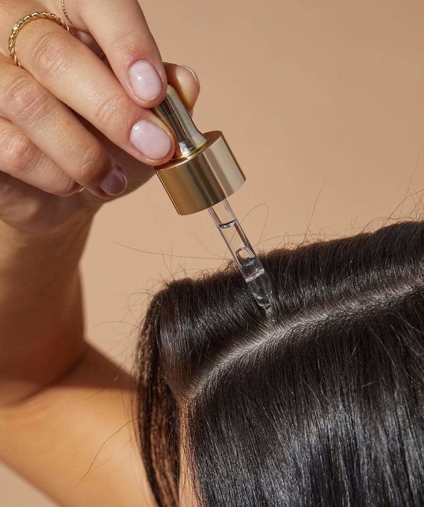 model applies drop of GRO Hair Serum to their scalp