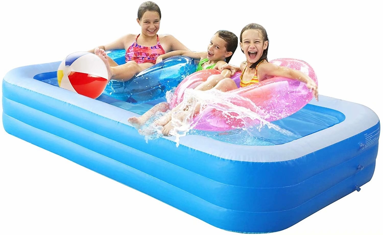 three child models playing in a blue rectangular inflatable pool 