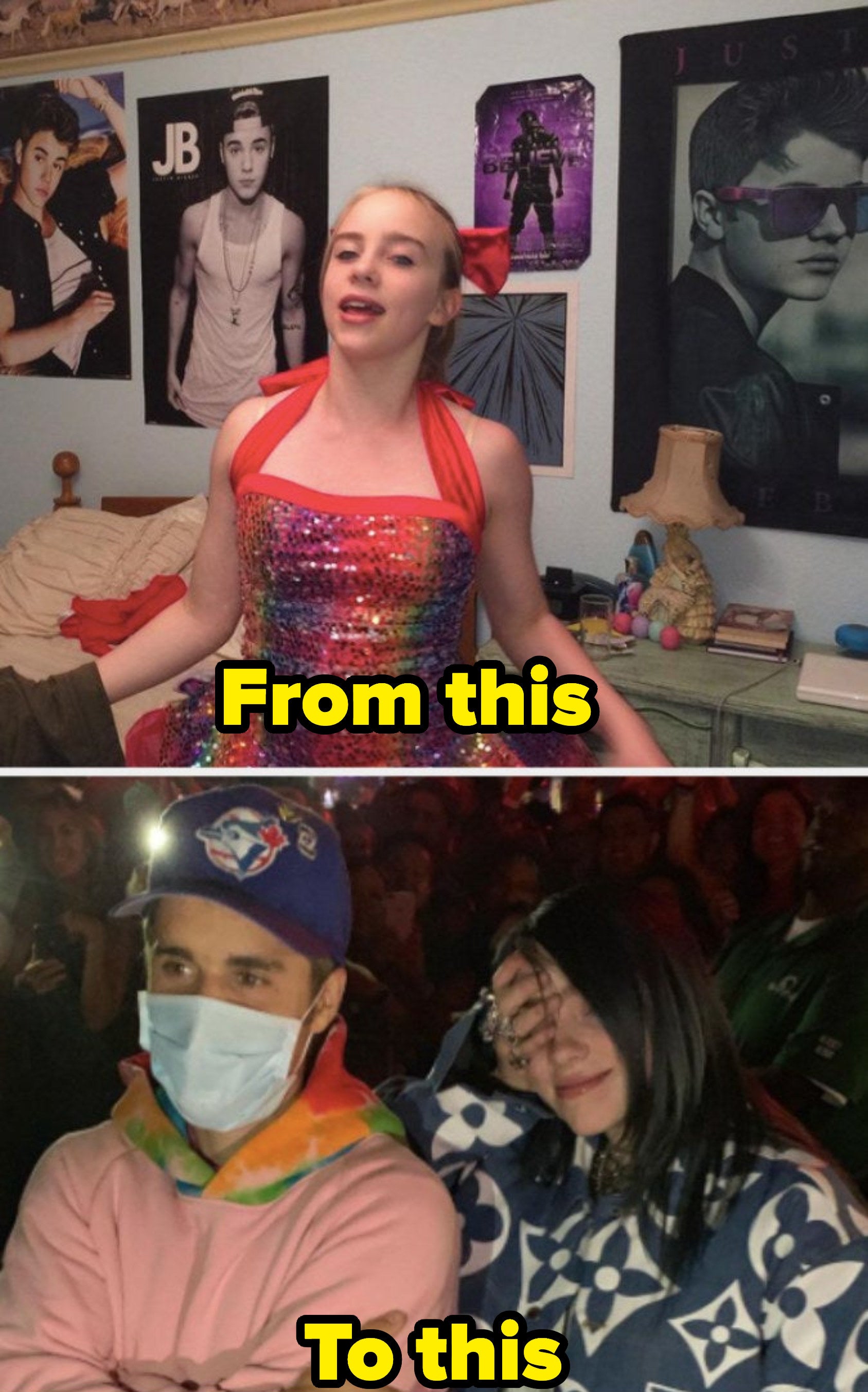 A photo of young Billie Eilish with Justin Bieber posters on her wall and a photo of her and Justin meeting in person at the 2019 Coachella music festival 
