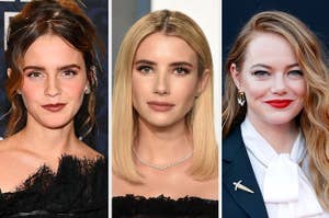 Emma Watson, Emma Roberts, and Emma Stone pose on different red carpets.