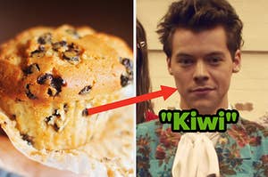 A hand holds an unwrapped chocolate chip muffin and Harry Styles smiles into the camera while wearing a floral patterned jacket.