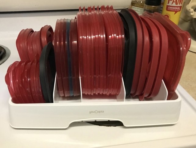 A reviewer&#x27;s food container lid organizer