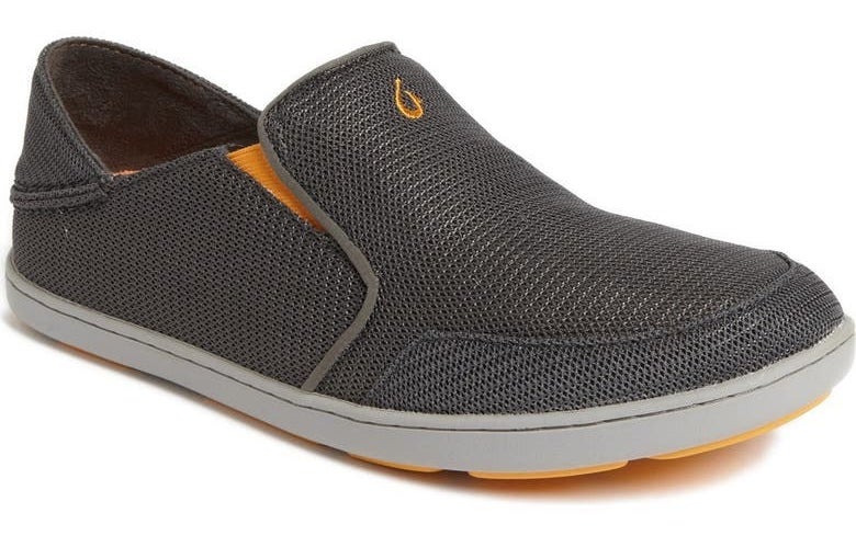 The shoe in gray with orange and white detailing