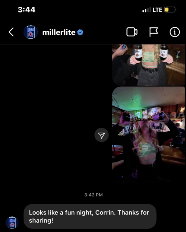 Someone&#x27;s DMs to Miller Lite which are just photos of themself chugging two Miller Lites at once
