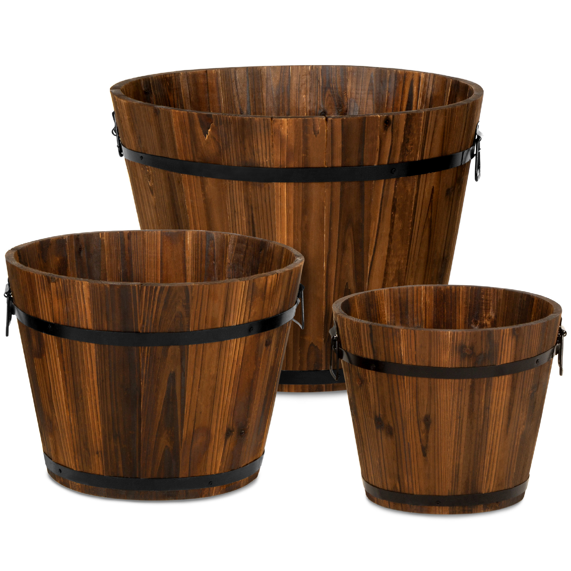 three different-ssized brown wooden planters with black hardware  
