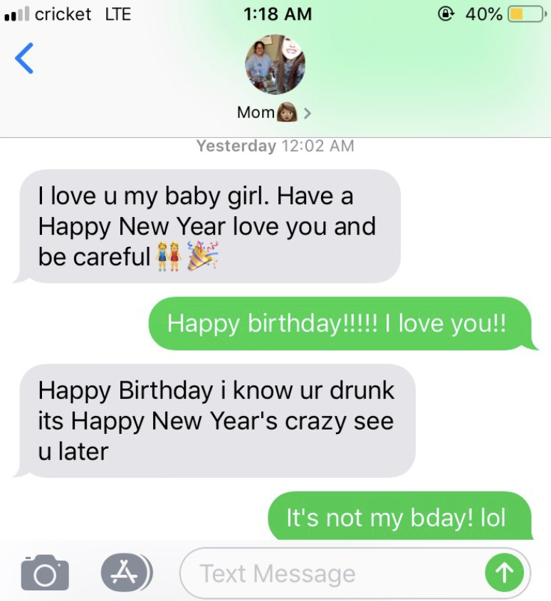 A text where one wishes their child a happy new year and the child responds with &quot;Happy Birthday!&quot;