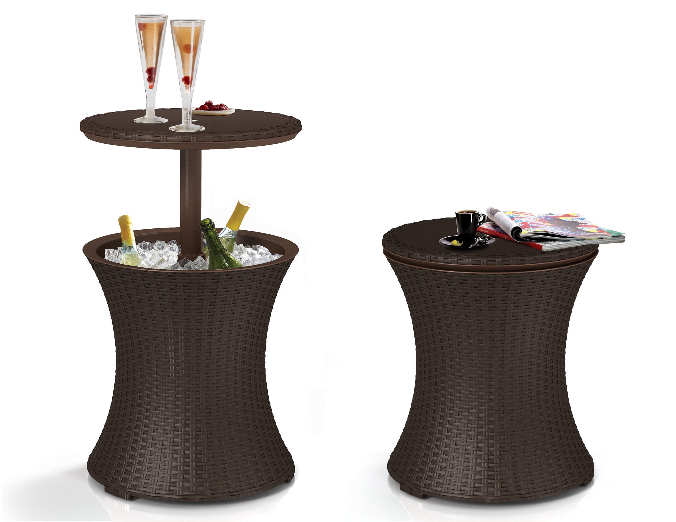 a pair of wicker side tables with the rim elevated on one with bottles and ice inside, and the other closed with magazines resting on top 
