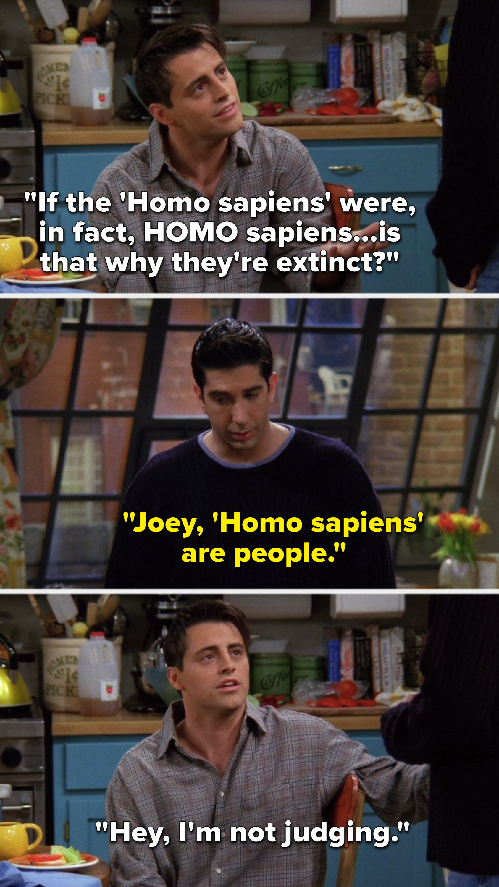 Joey says, &quot;If the &#x27;Homo sapiens&#x27; were, in fact, HOMO sapiens...is that why they&#x27;re extinct,&quot; Ross says, Joey, &#x27;Homo sapiens&#x27; are people,&quot; and Joey says, &quot;Hey, I&#x27;m not judging&quot;