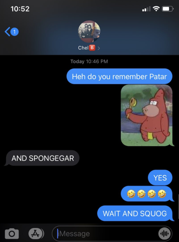 A text thread where one asks, &quot;Do you remember Patar?&quot; which a picture of caveman Patrick from an episode of &quot;SpongeBob&quot;