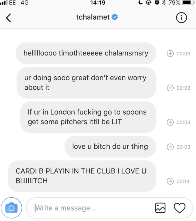 Someone&#x27;s DMs to Timothée Chalamet and tells them what club he should go to to have fun