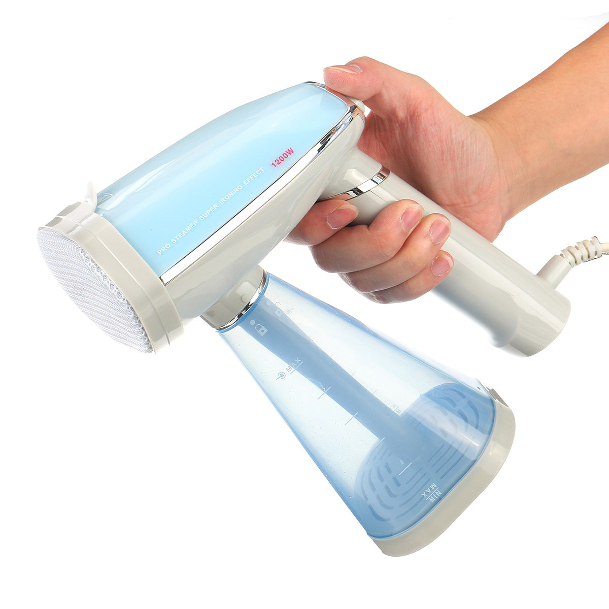 a model&#x27;s hand holds up the handheld garment steamer