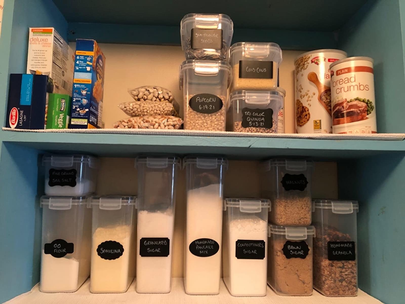 the organizers holding sugar and other dry goods in a pantry