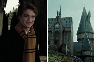 Robert Pattinson as Cedric Diggory in the movie "Harry Potter and the Goblet of Fire" and the side profile of the Hogwarts School castle.
