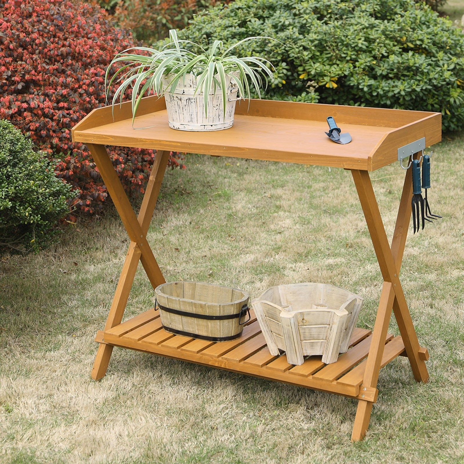 the light wood two level potting table