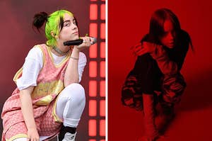 billie eilish performing on the left and her in a music video on the right