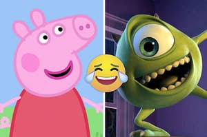 Peppa Pig is on the left with a laughing emoji in the center and Mike dancing on the right