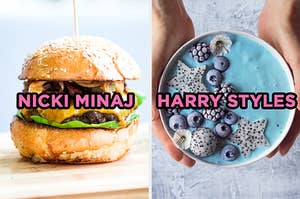 On the left, a cheeseburger labeled "Nicki Minaj," and on the right, a smoothie bowl topped with blackberries, blueberries, and dragon fruit labeled "Harry Styles"