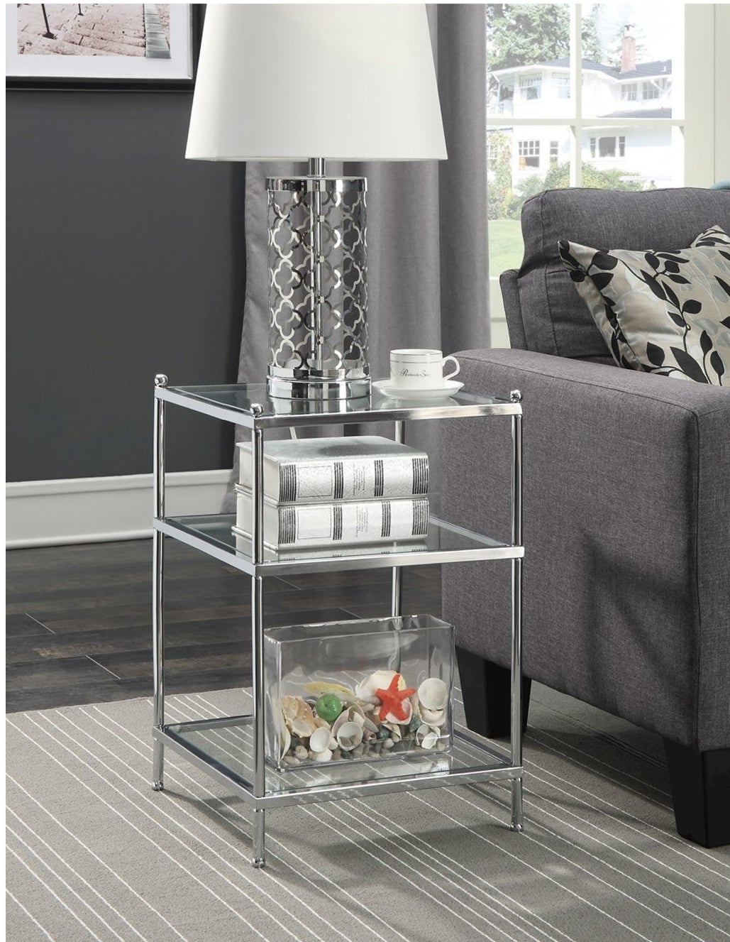 Silver tiered side table with mirrors 