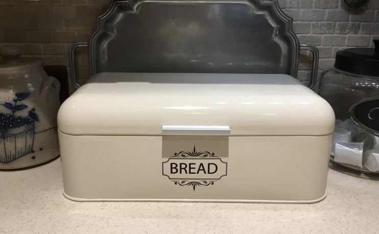 A reviewer&#x27;s white stainless steel bread box
